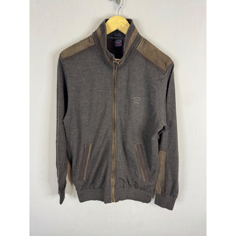 Paul & Shark Yachting Mens Wool Full Zip Cardigan Goat Leather Trim Brown Size M